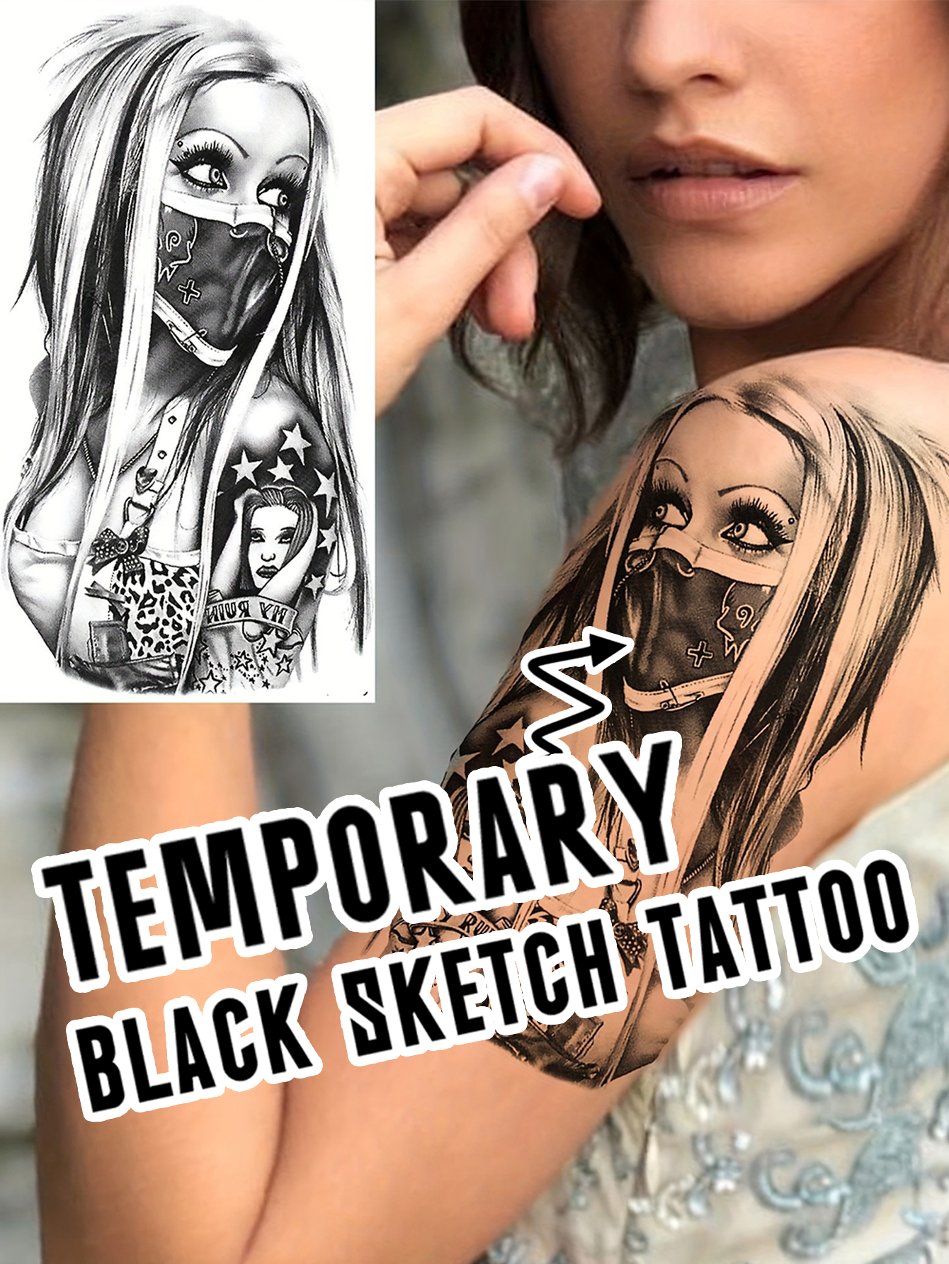 Dark Girl Sketch Temporary Tattoo